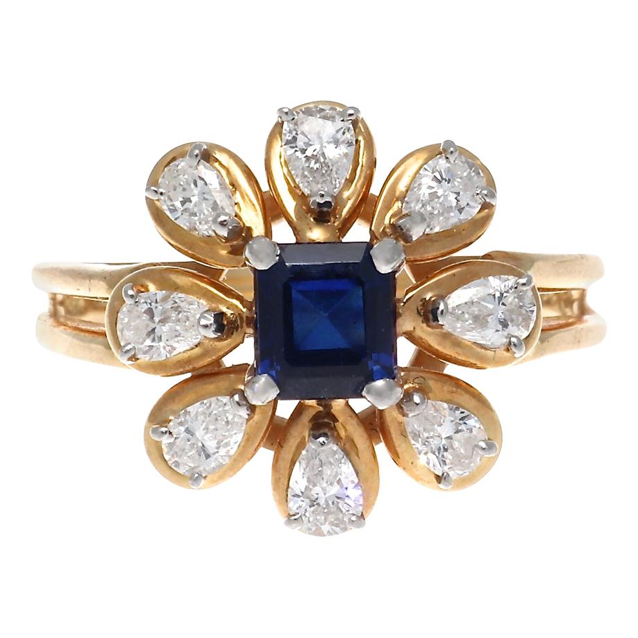 Vintage 1980s Oscar Heyman Brothers Sapphire Diamond Gold Platinum Flower Ring