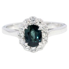 Vintage 1980s Oval Teal Sapphire & Diamond Cluster Ring 18 Carat White Gold