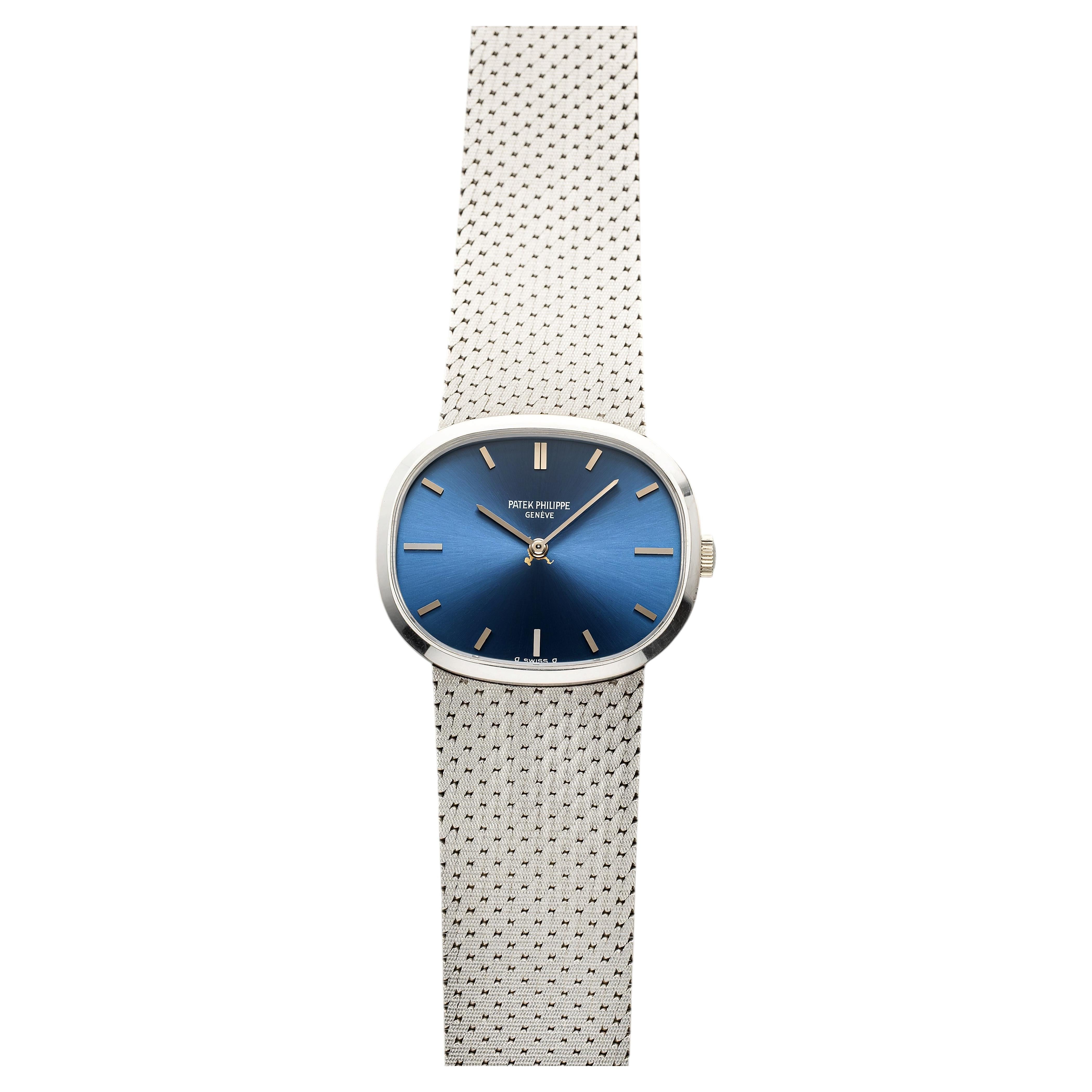 Vintage 1980s Patek Philippe Ellipse 3545/1 18k White Gold Blue Dial Manual 32mm