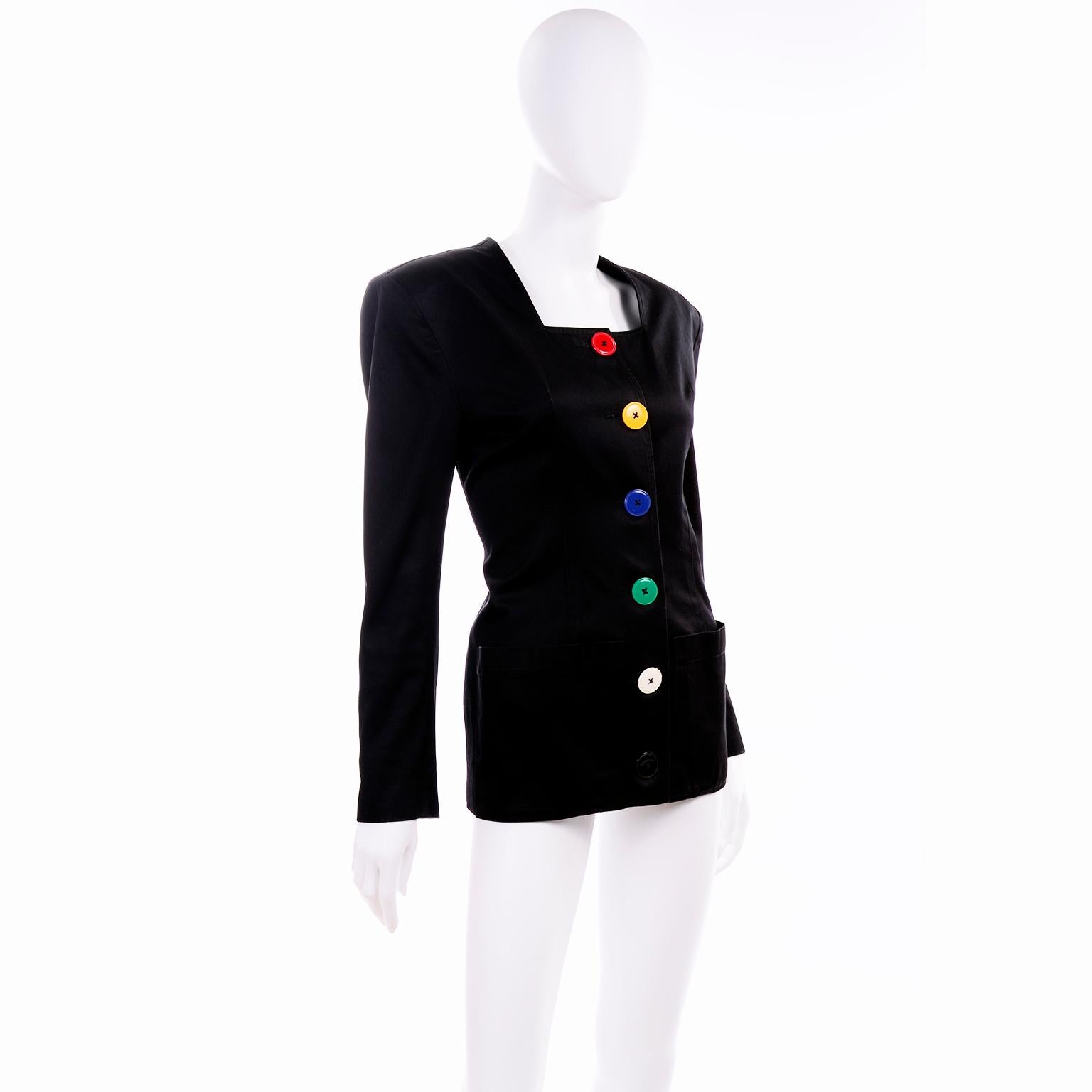 Vintage 1980s Patrick Kelly Black Cotton Jacket w His Signature Colorful Buttons In Excellent Condition In Portland, OR