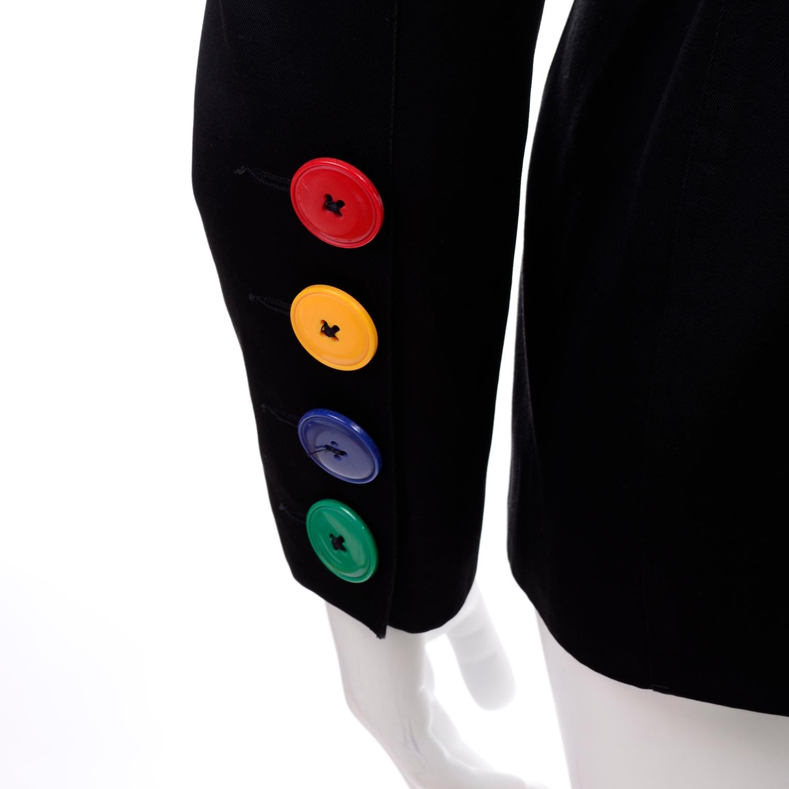 Vintage 1980s Patrick Kelly Black Cotton Jacket w His Signature Colorful Buttons 3