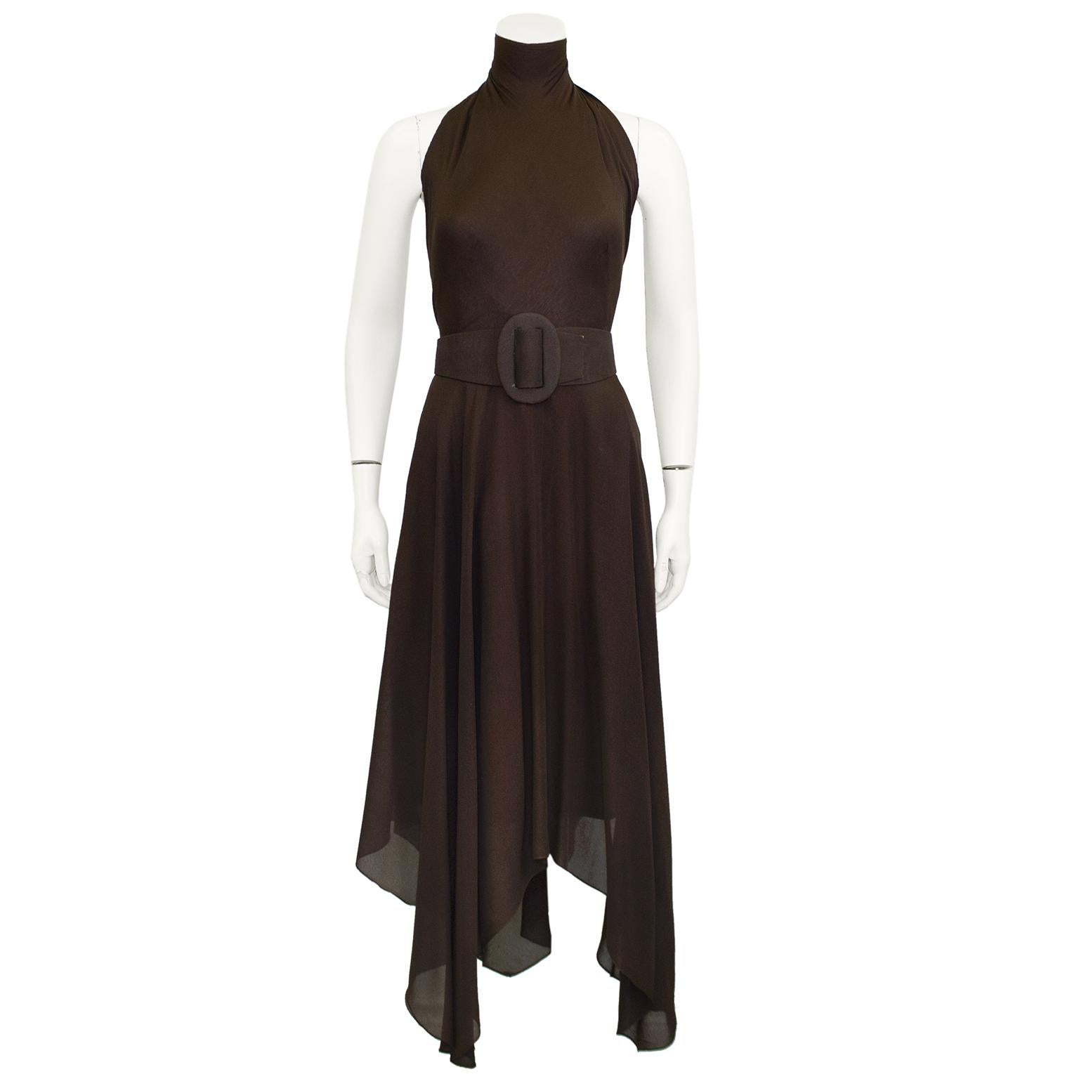 Stunning chocolate brown silk chiffon Pauline Trigère halter gown with matching chiffon overlay. Previously owned by a well know American celebrity performer who favoured Trigère, Chanel and Galanos for her performance and personal wardrobe. Best