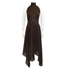 1980's Pauline Trigère Brown Chiffon Halter Gown and Scarf