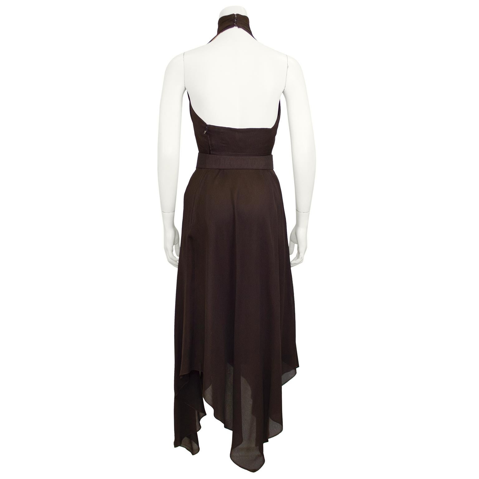 1980's Pauline Trigère Brown Chiffon Halter Gown and Scarf In Good Condition For Sale In Toronto, Ontario