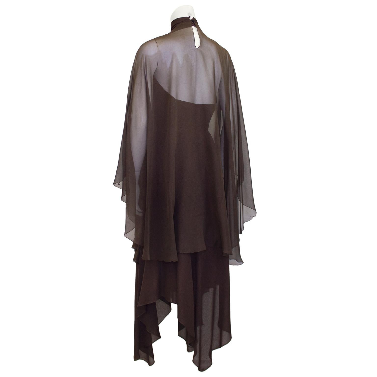 Women's 1980's Pauline Trigère Brown Chiffon Halter Gown and Scarf For Sale