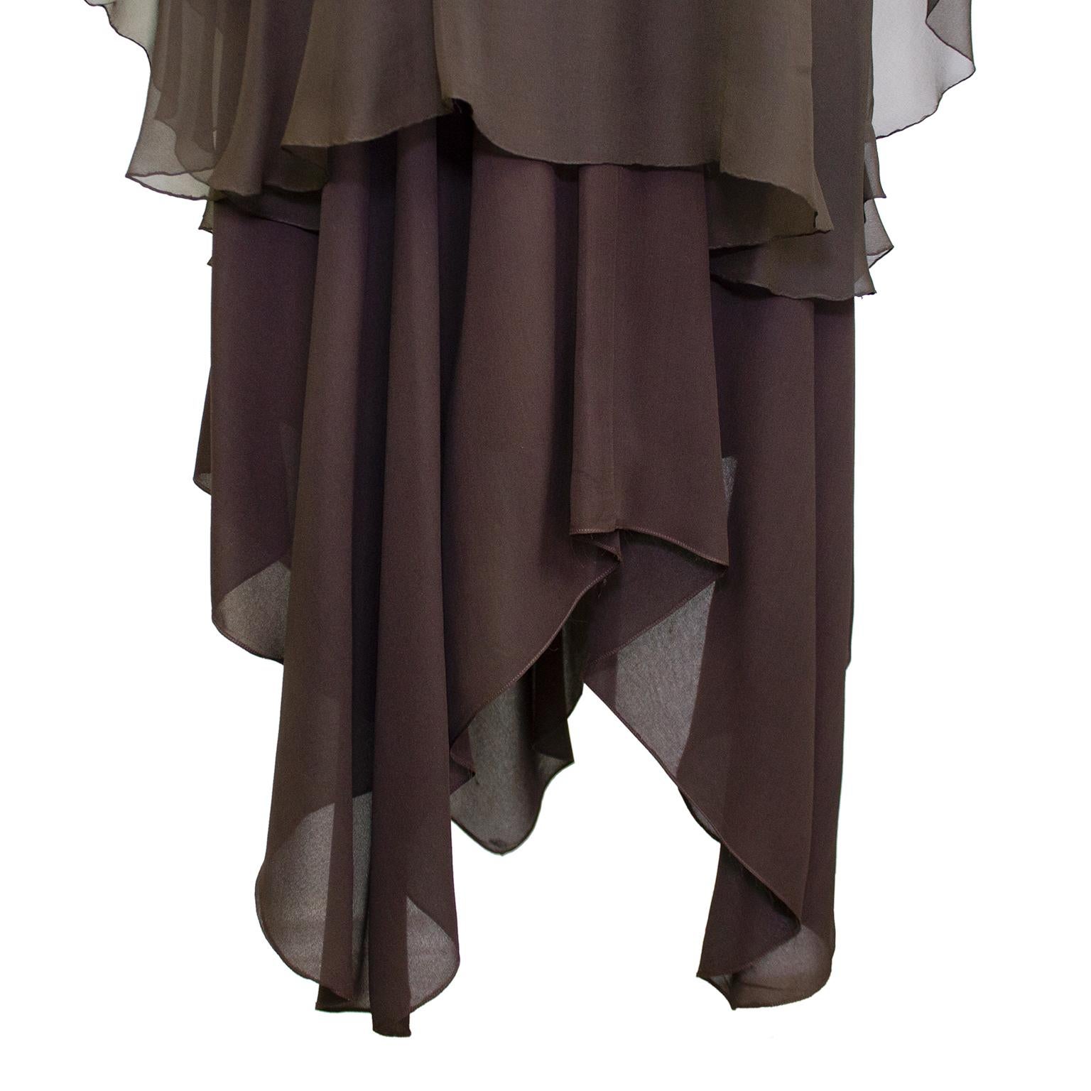 1980's Pauline Trigère Brown Chiffon Halter Gown and Scarf For Sale 3