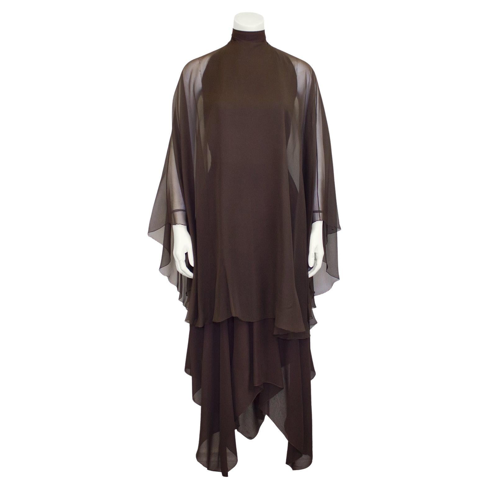 1980's Pauline Trigère Brown Chiffon Halter Gown and Scarf For Sale