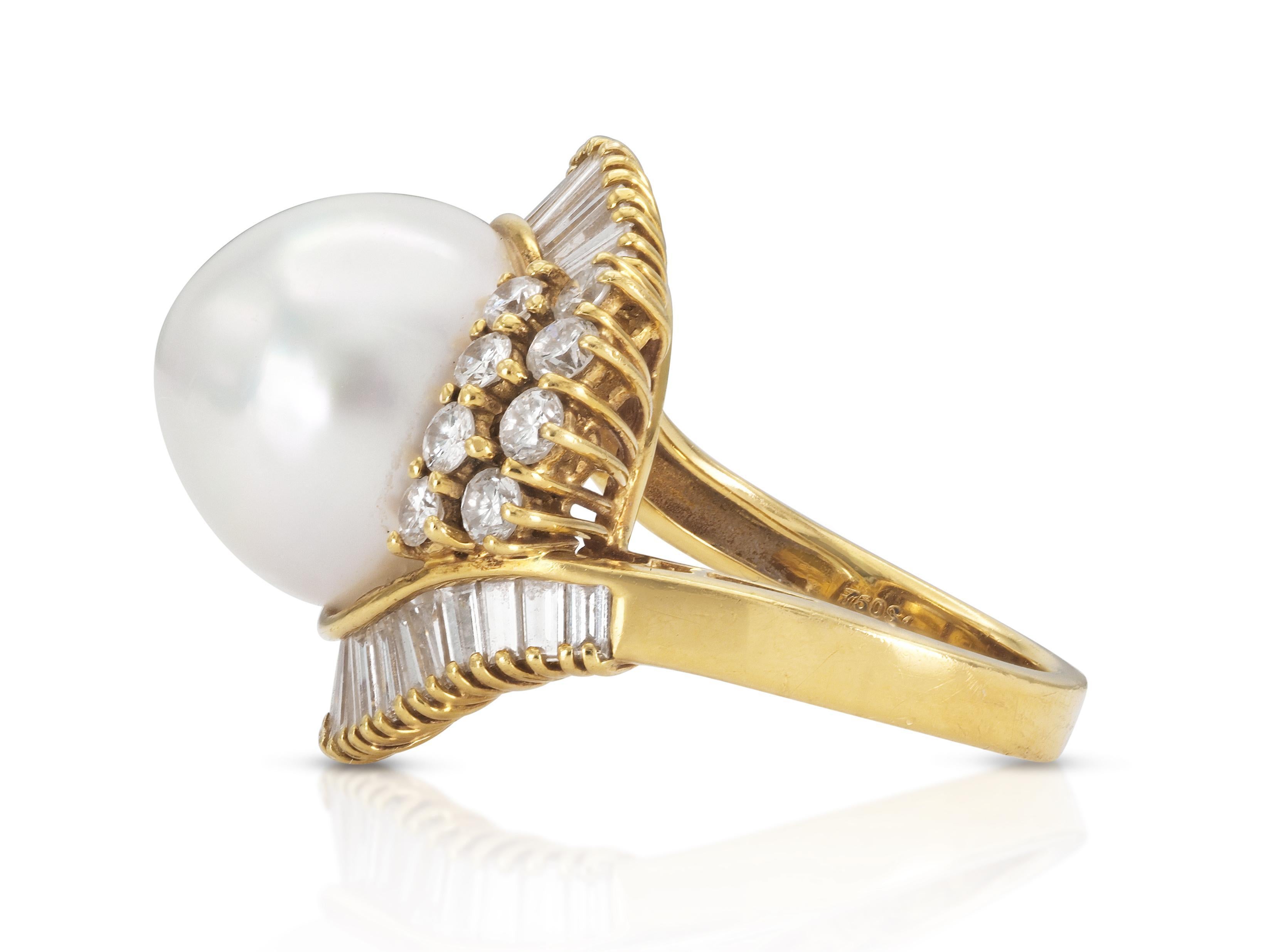 Baguette Cut Vintage 1980s Pearl and Diamond Ring For Sale