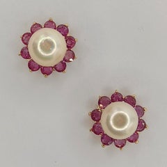 Vintage 1980's Pearl Stud & 0.80 Carat Ruby Jacket Earrings in 14k Yellow Gold