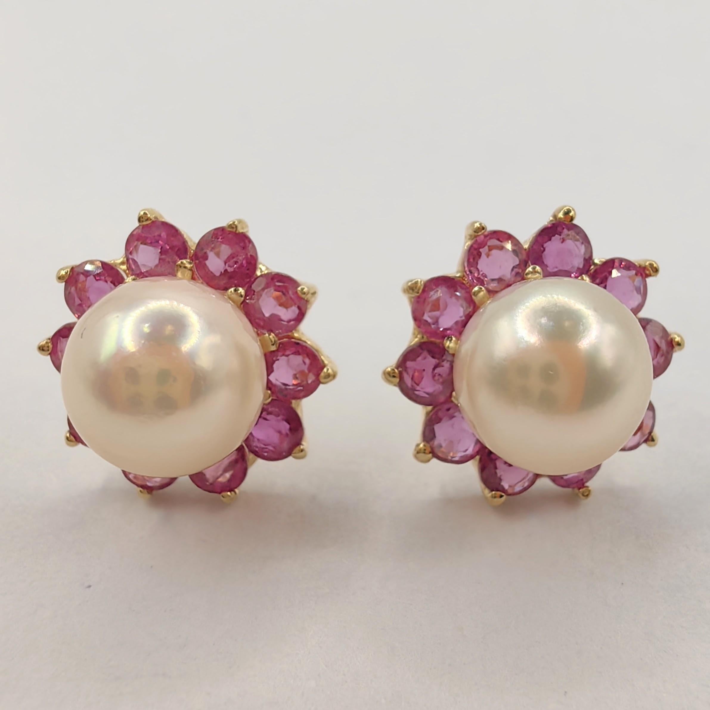 Contemporary Vintage 1980's Pearl Stud & 0.80 Carat Ruby Jacket Earrings in 14k Yellow Gold For Sale