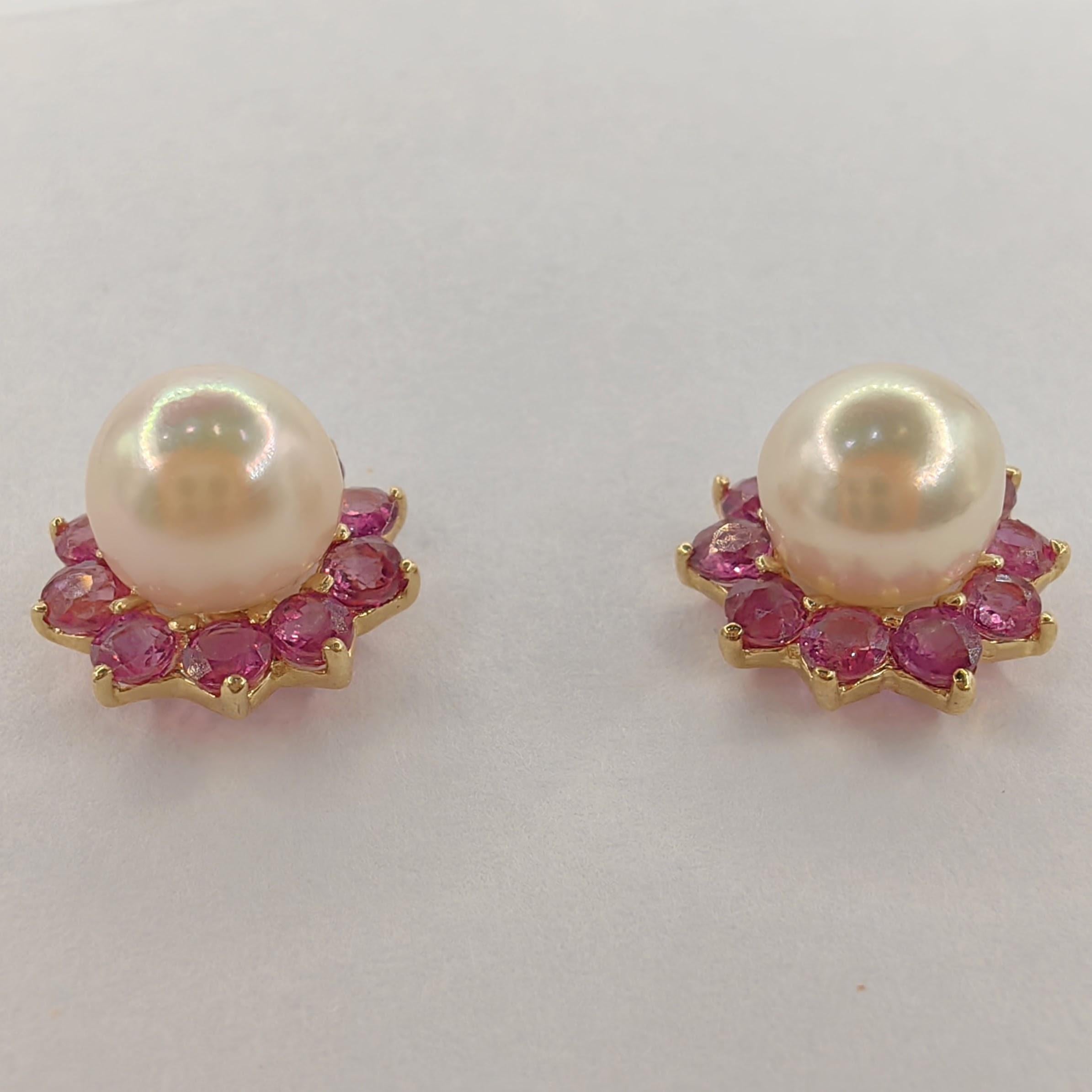 Round Cut Vintage 1980's Pearl Stud & 0.80 Carat Ruby Jacket Earrings in 14k Yellow Gold For Sale