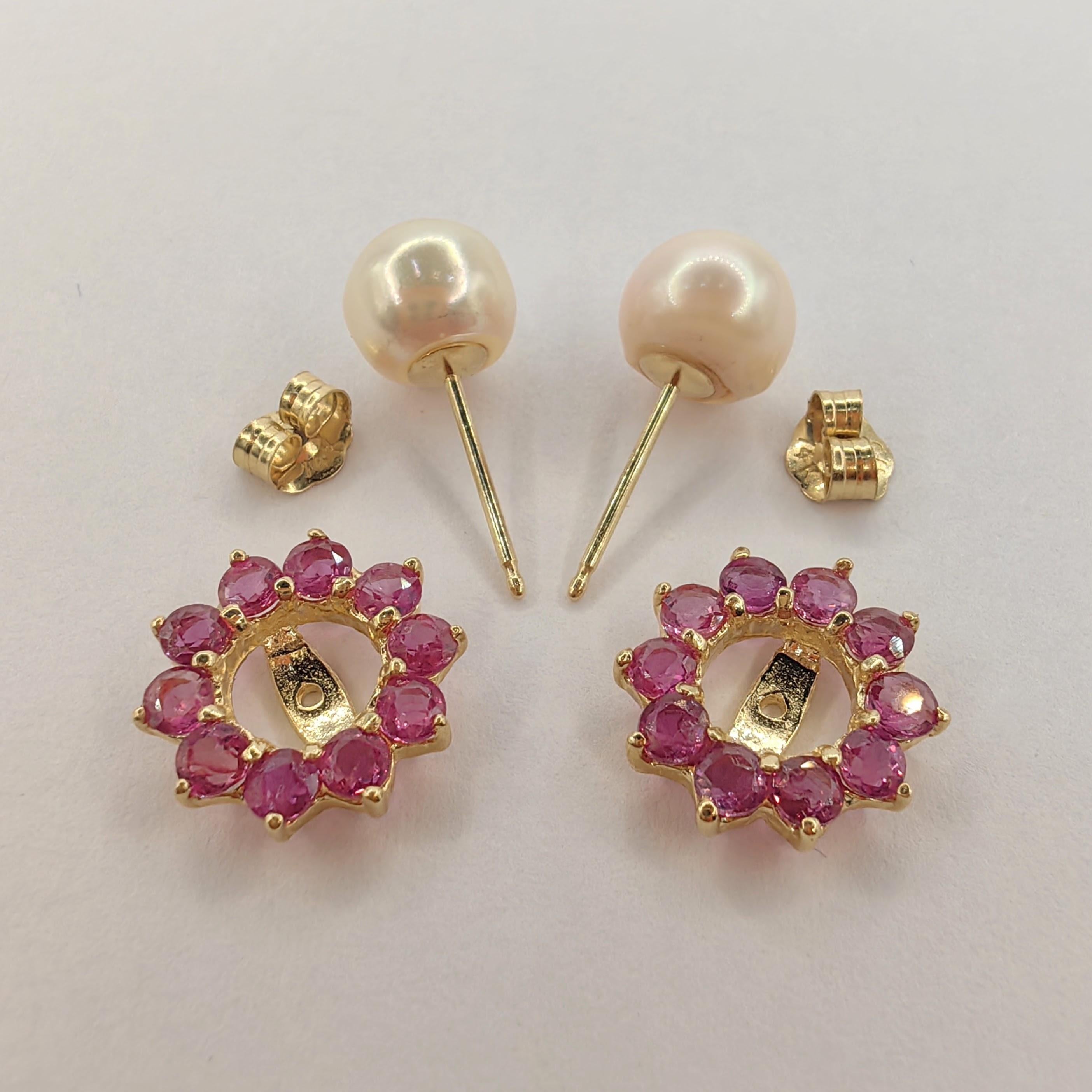 Vintage 1980's Pearl Stud & 0.80 Carat Ruby Jacket Earrings in 14k Yellow Gold In New Condition For Sale In Wan Chai District, HK