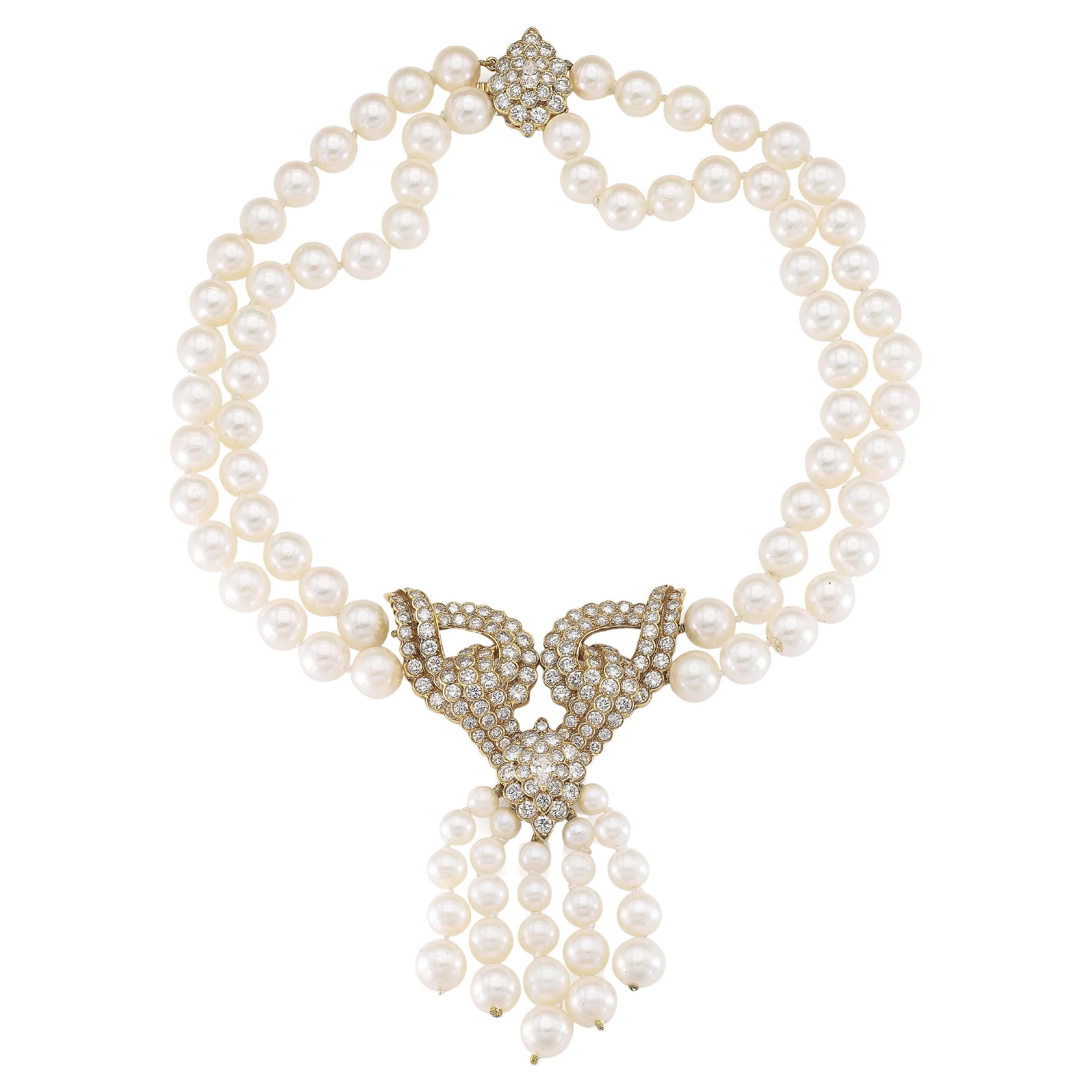 Vintage 1980s Pearl Tassel Necklace with Diamonds