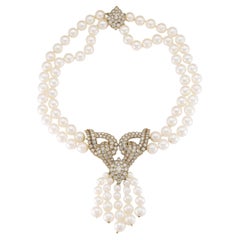 Collier à pompon perlé vintage des années 1980 avec diamants