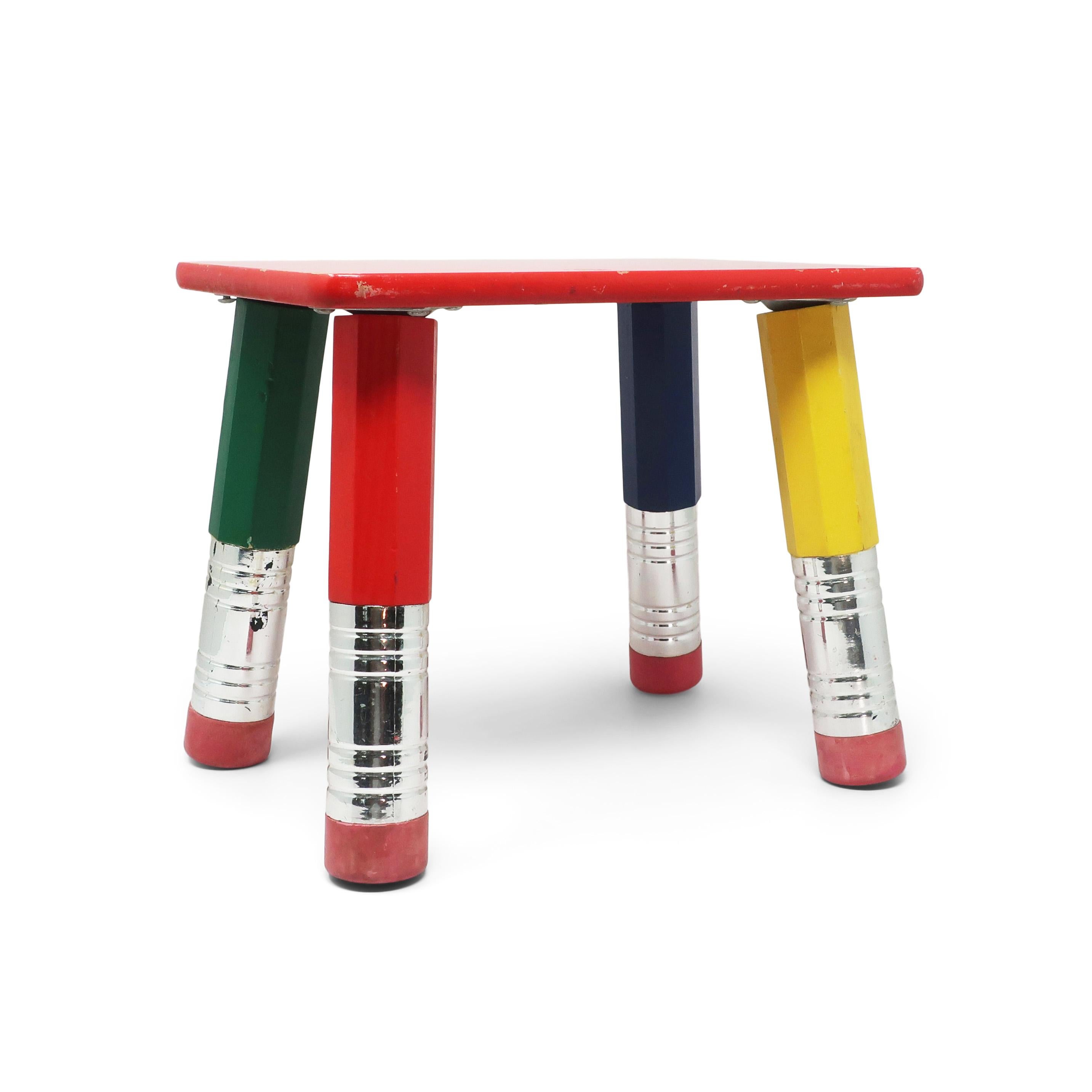 A great piece from Pierre Sala's postmodern pencil themed children's furniture from the 1980s for Pierre Sala Furniture.  The chair's design is composed of a red seat supported by four pencils, one yellow, one green, one blue, and one red.  Great