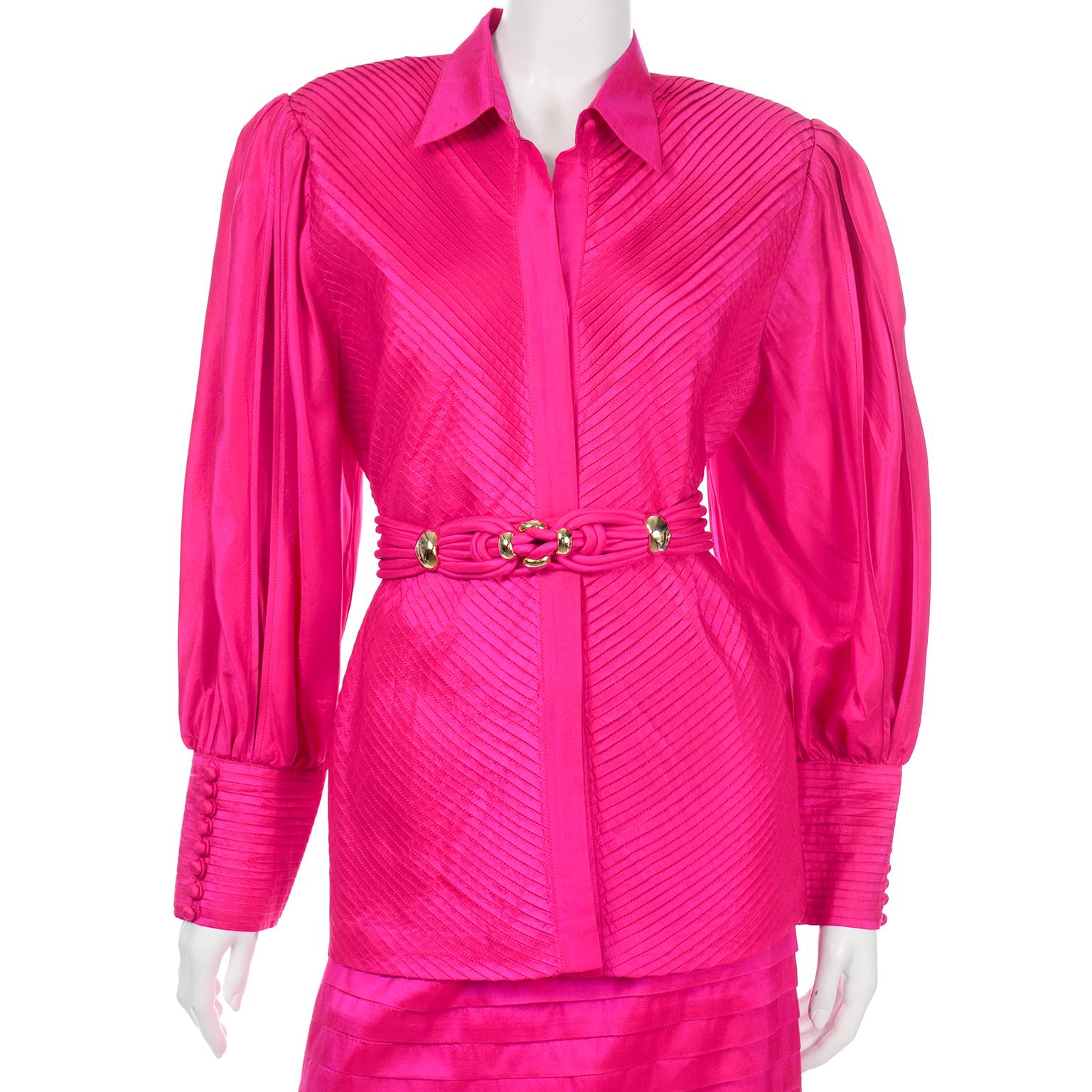 Vintage 1980s Pink Thai Silk  Pleated 2Pc Dress Statement Sleeve Blouse & Skirt 3