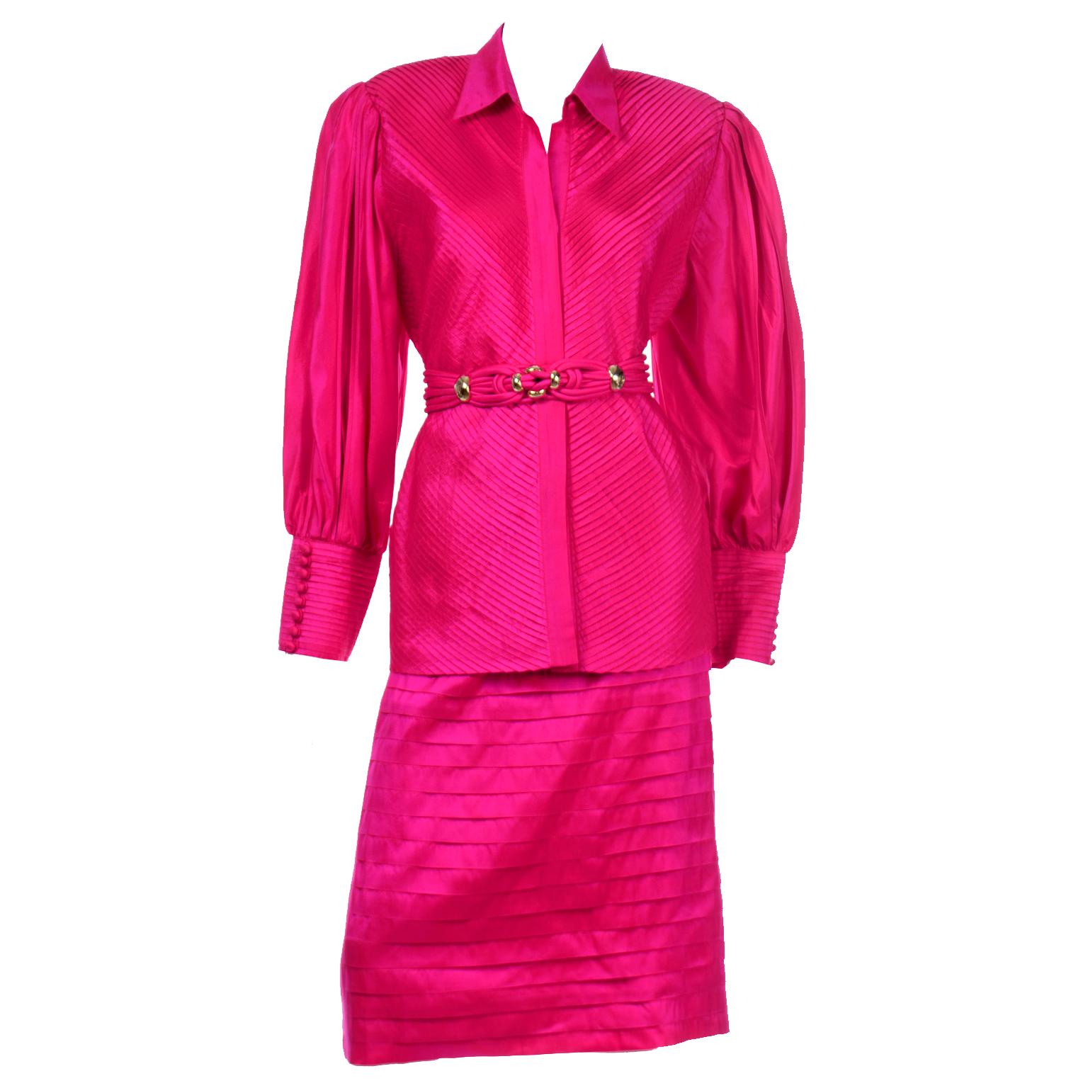 Vintage 1980s Pink Thai Silk  Pleated 2Pc Dress Statement Sleeve Blouse & Skirt 4