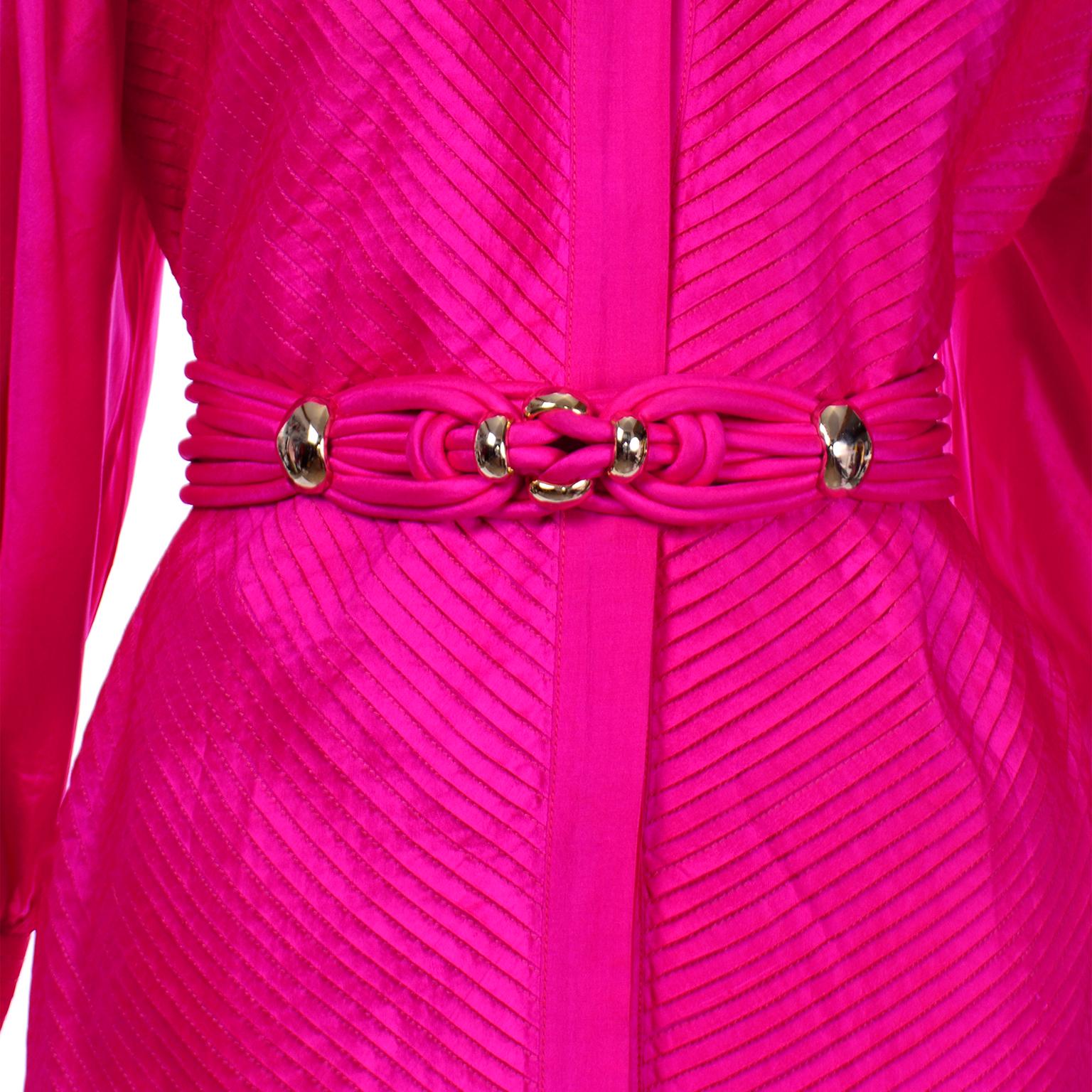 Vintage 1980s Pink Thai Silk  Pleated 2Pc Dress Statement Sleeve Blouse & Skirt 5