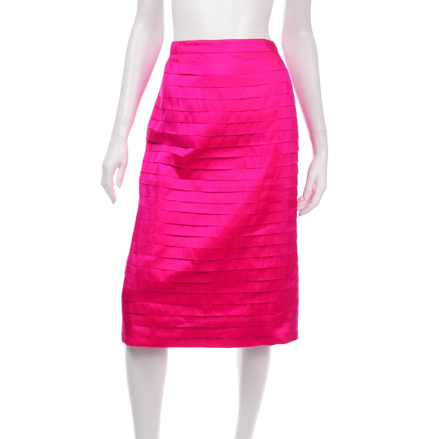 Vintage 1980s Pink Thai Silk  Pleated 2Pc Dress Statement Sleeve Blouse & Skirt 8