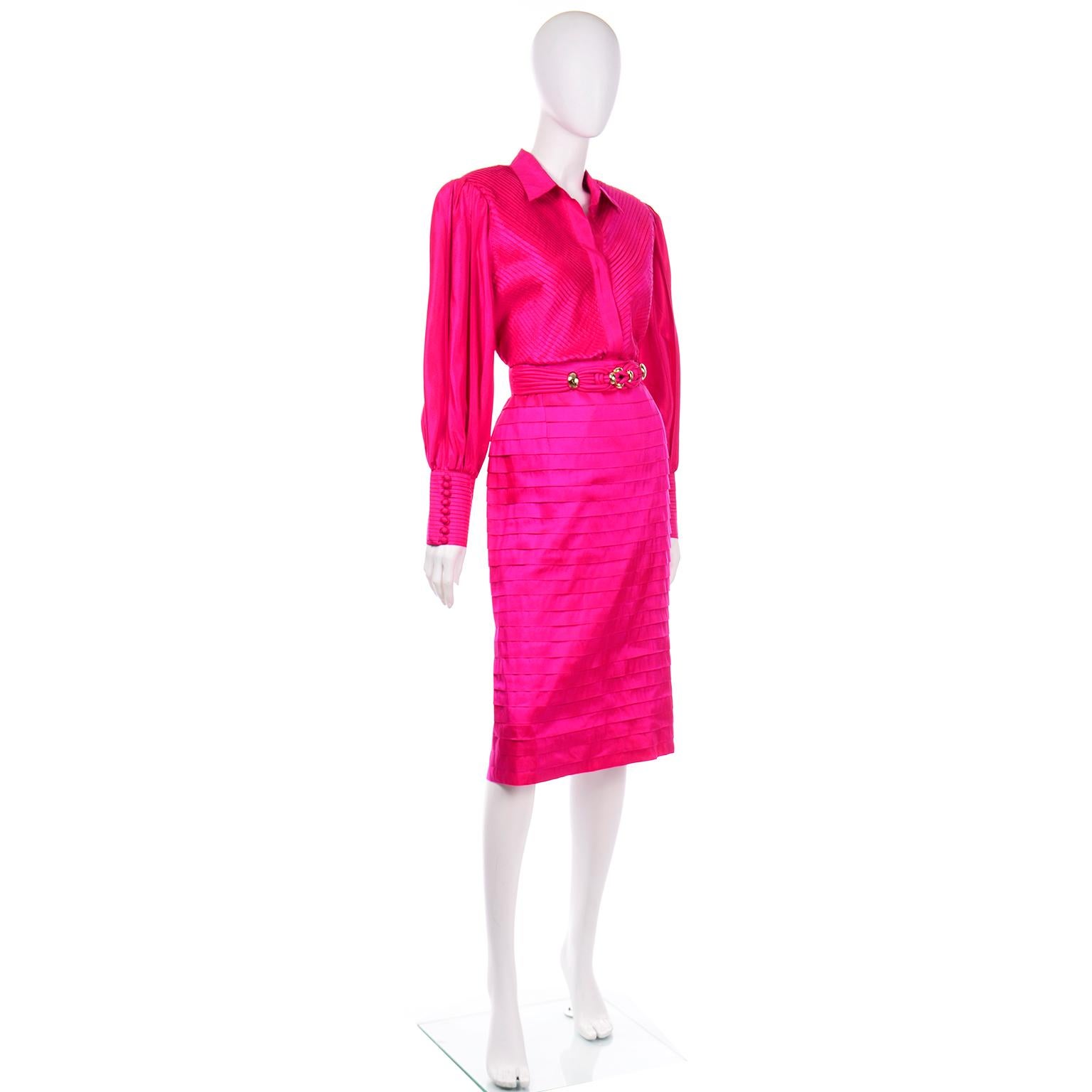 Women's Vintage 1980s Pink Thai Silk  Pleated 2Pc Dress Statement Sleeve Blouse & Skirt