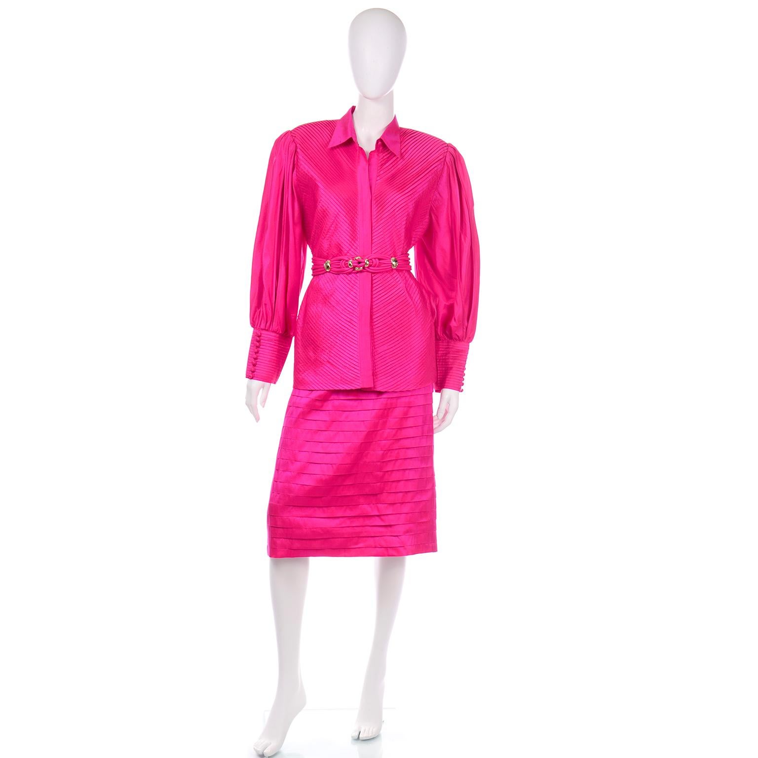 Vintage 1980s Pink Thai Silk  Pleated 2Pc Dress Statement Sleeve Blouse & Skirt 2