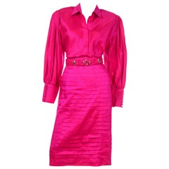 Vintage 1980s Pink Thai Silk  Pleated 2Pc Dress Statement Sleeve Blouse & Skirt