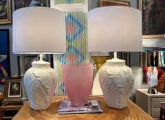 Vintage 1980s Plaster Banana Leaf Relief Table Lamps, Pair
