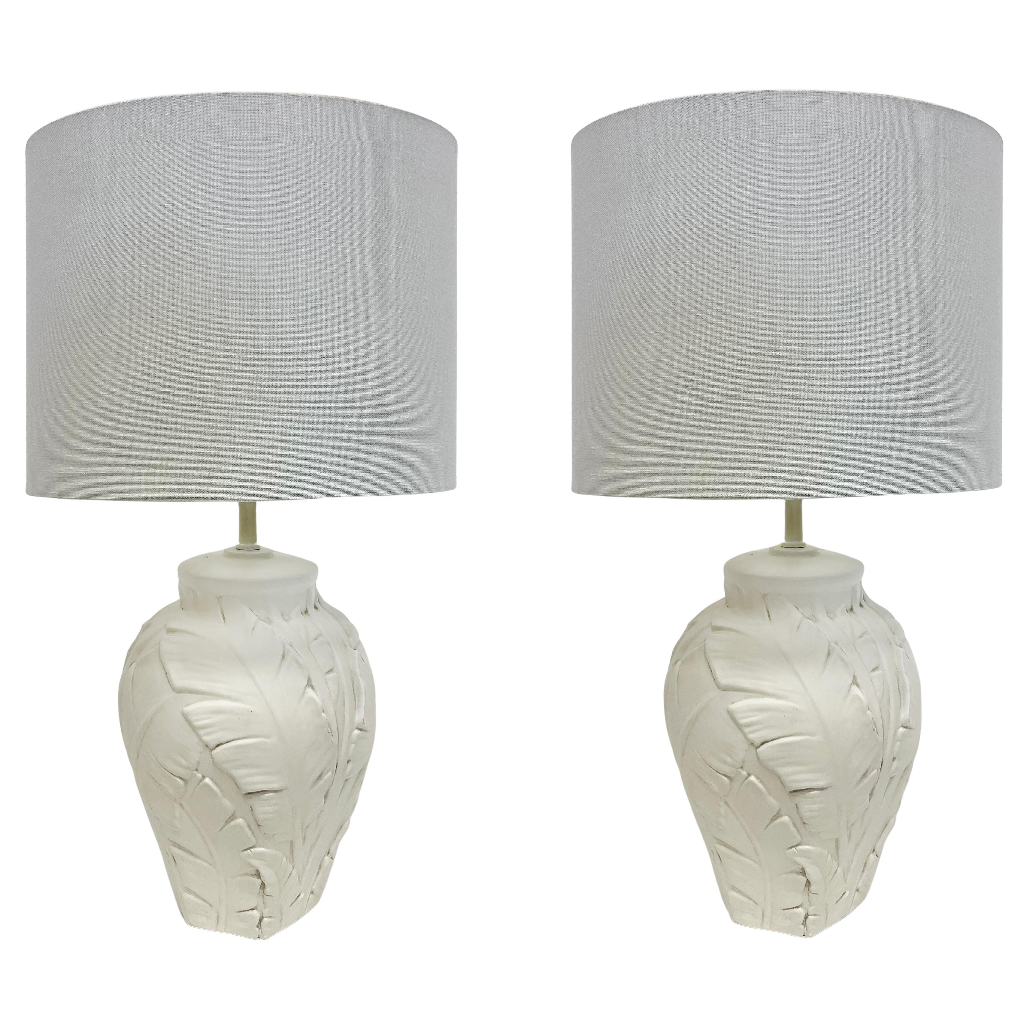 Vintage 1980s Plaster Banana Leaf Relief Table Lamps, Pair