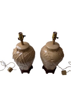 Vintage 1980s Plaster Banana Leaf  Table Lamps, Pair