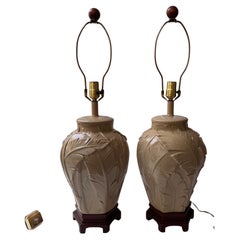 Vintage 1980s Plaster Banana Leaf  Table Lamps, Pair