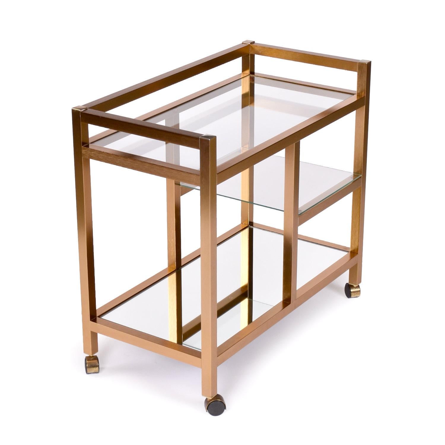 Mid-Century Modern Vintage 1980s Post Modern Copper-Tinted Gold Bar Cart With Mirror Bottom For Sale