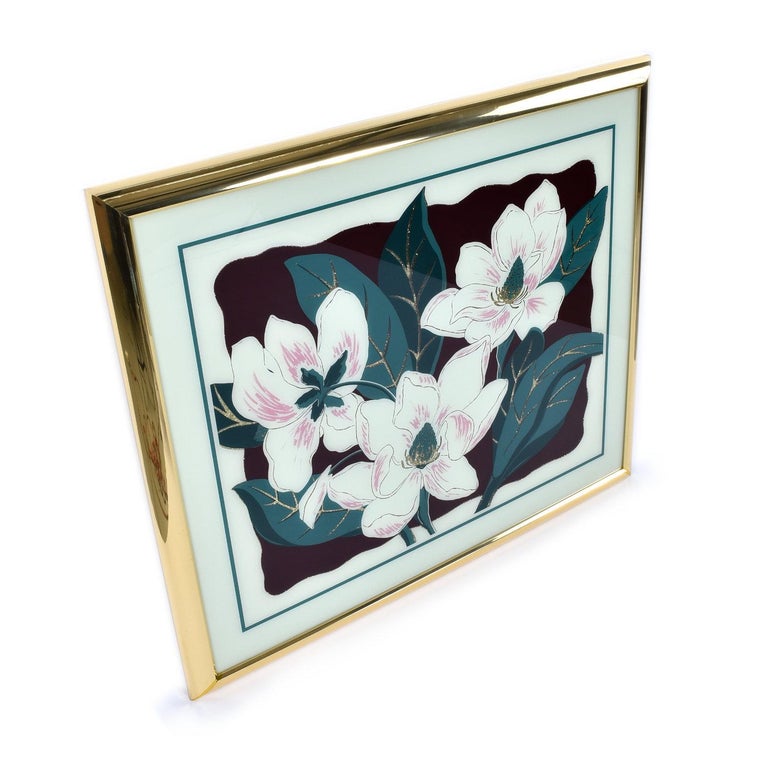 Organic Modern Vintage 1980s Post Modern White Magnolia Floral Wall Art with Gold Glitter For Sale