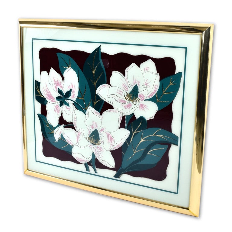 American Vintage 1980s Post Modern White Magnolia Floral Wall Art with Gold Glitter For Sale
