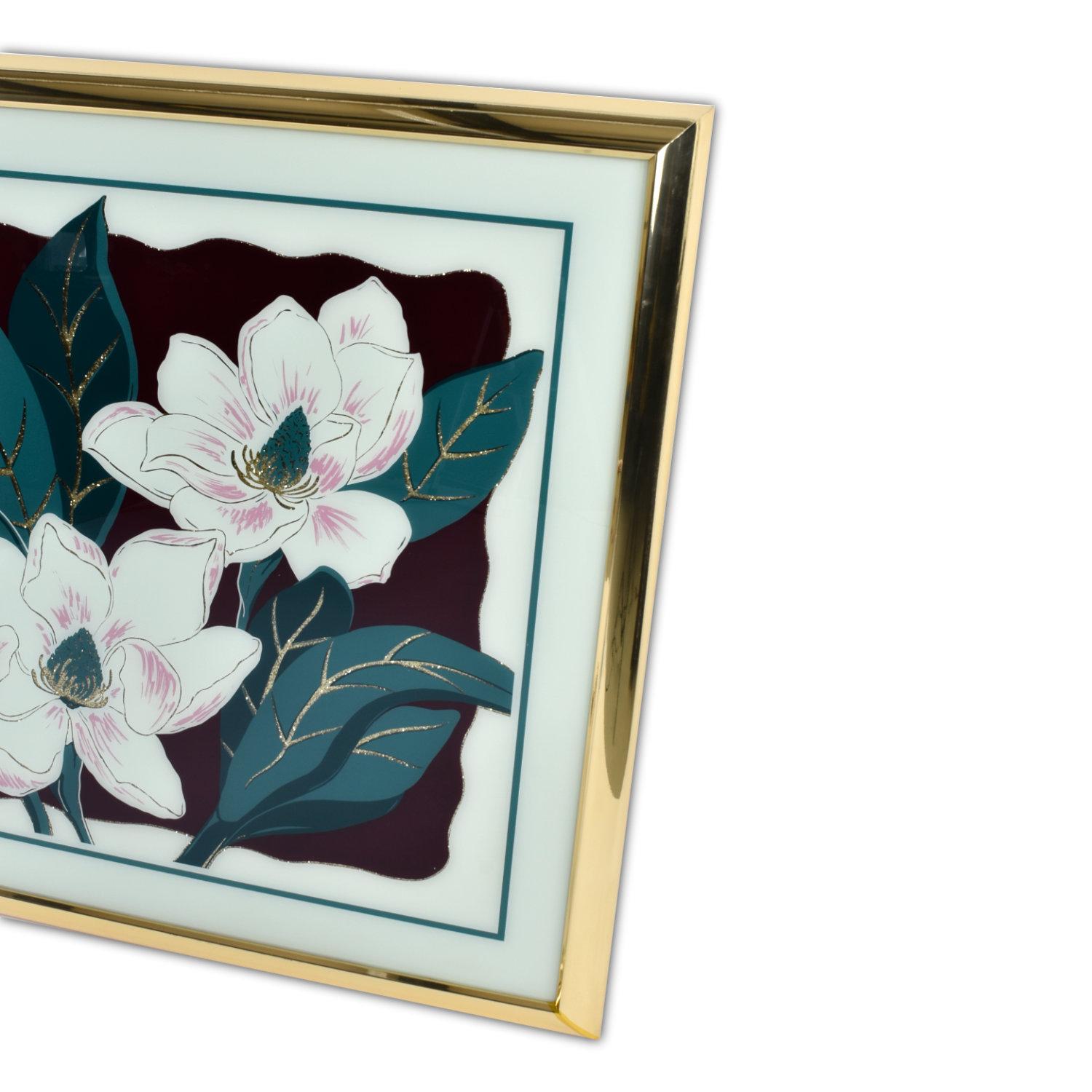 Vintage 1980s Post Modern White Magnolia Floral Wall Art with Gold Glitter For Sale 2