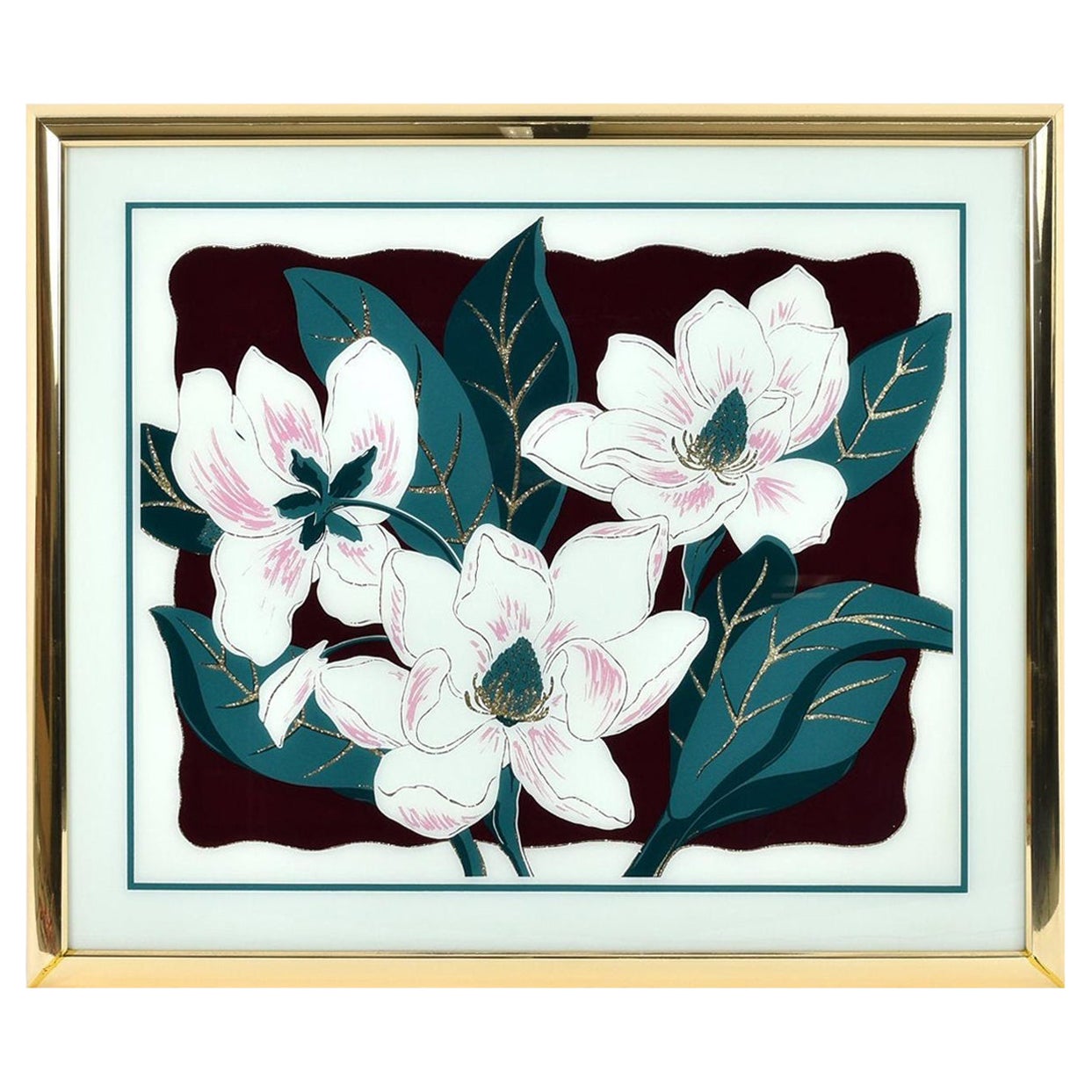 Postmoderne weiße Magnolien-Blumen-Wandkunst mit Goldglitter, Vintage, 1980er Jahre