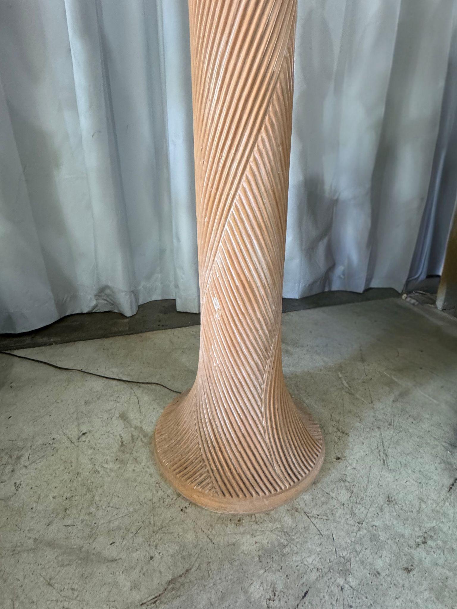 Elevate your space with this exquisite vintage floor lamp, masterfully crafted with a sculptural twisted wood design. The intricate hand-carved detailing creates a dynamic, organic aesthetic, making it a standout piece in any interior. Featuring a