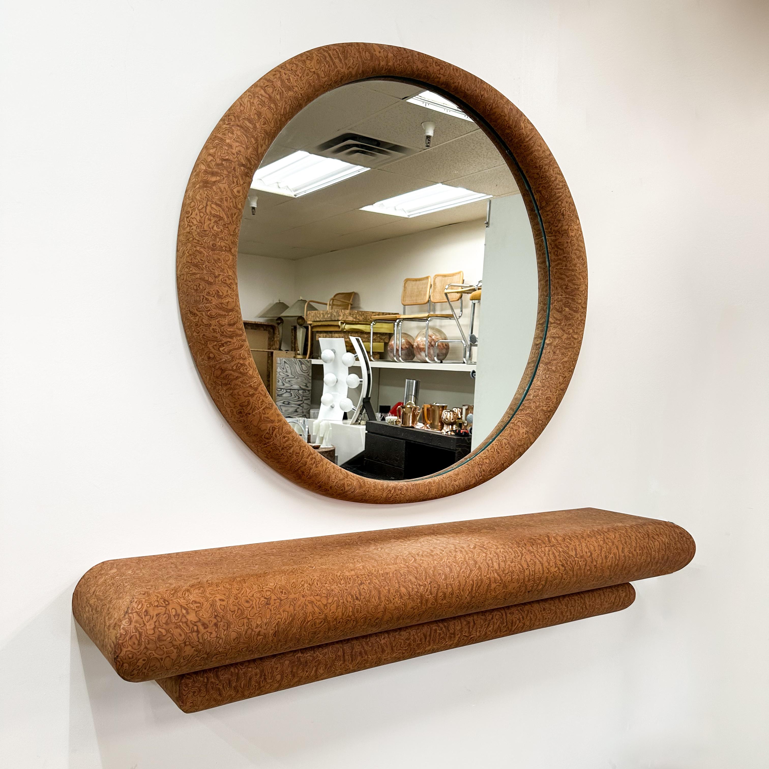 Vintage 1980s Postmodern Burlwood Veneer Floating Console and Mirror For Sale 4