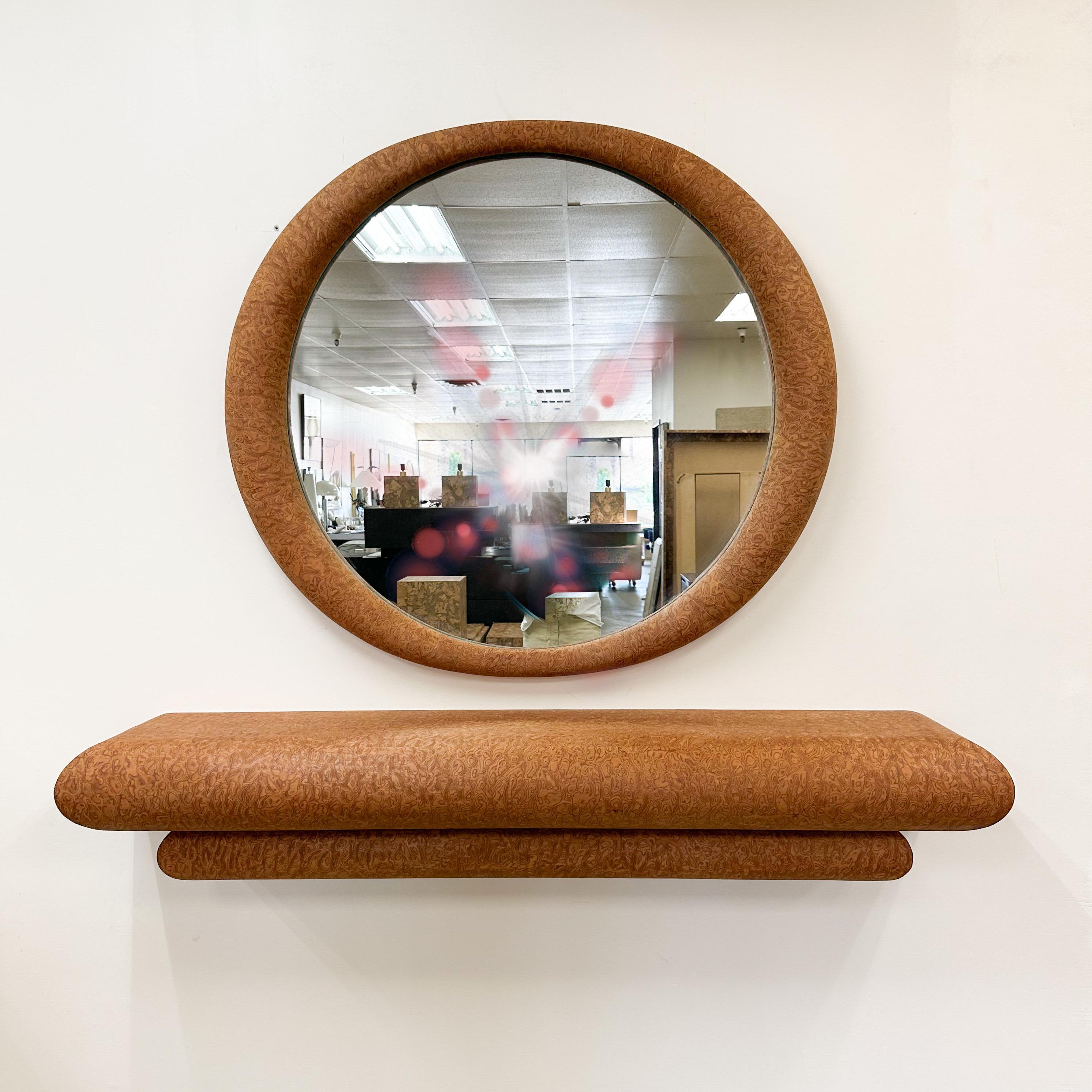 Post-Modern Vintage 1980s Postmodern Burlwood Veneer Floating Console and Mirror For Sale