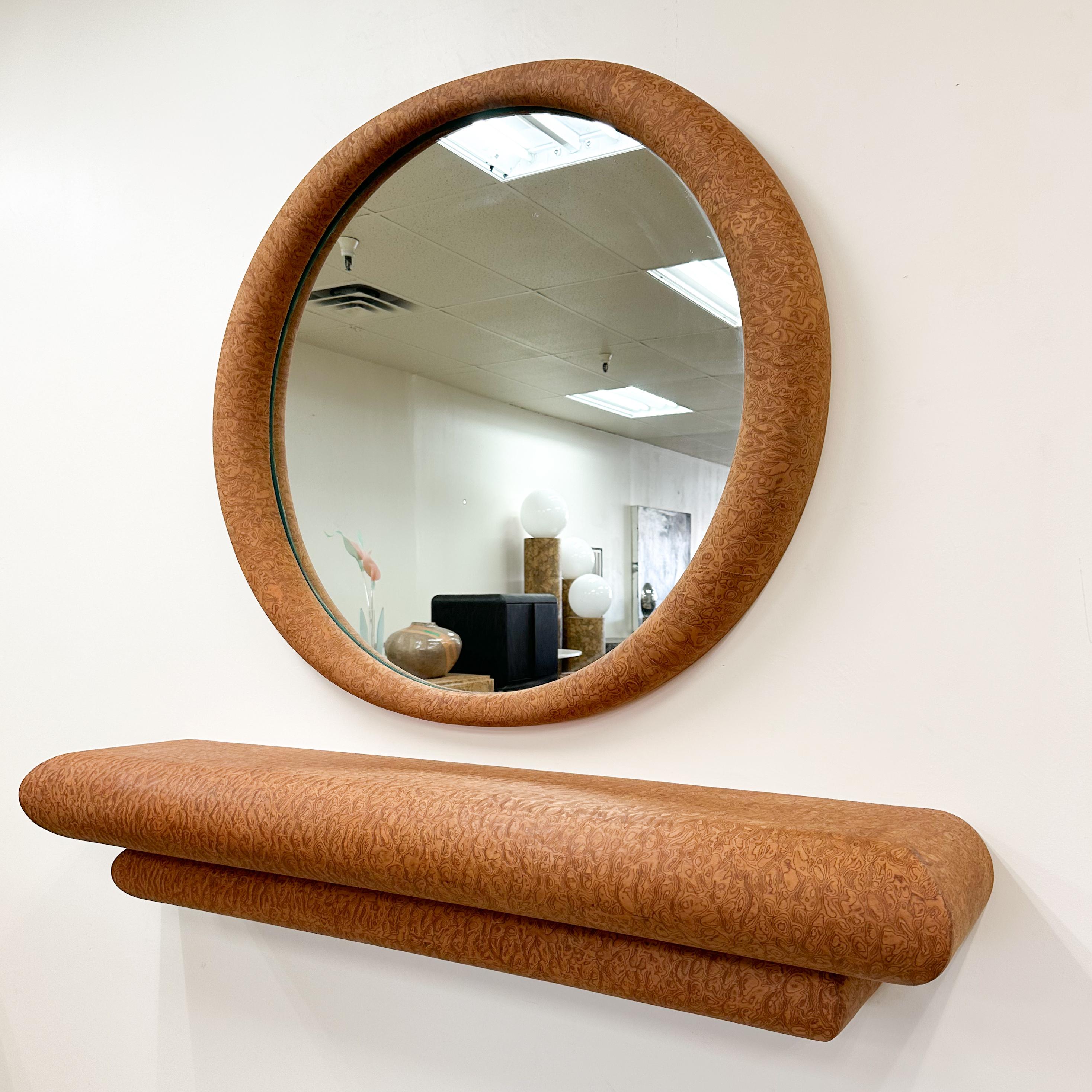 Vintage 1980s Postmodern Burlwood Veneer Floating Console and Mirror In Good Condition For Sale In Palm Desert, CA