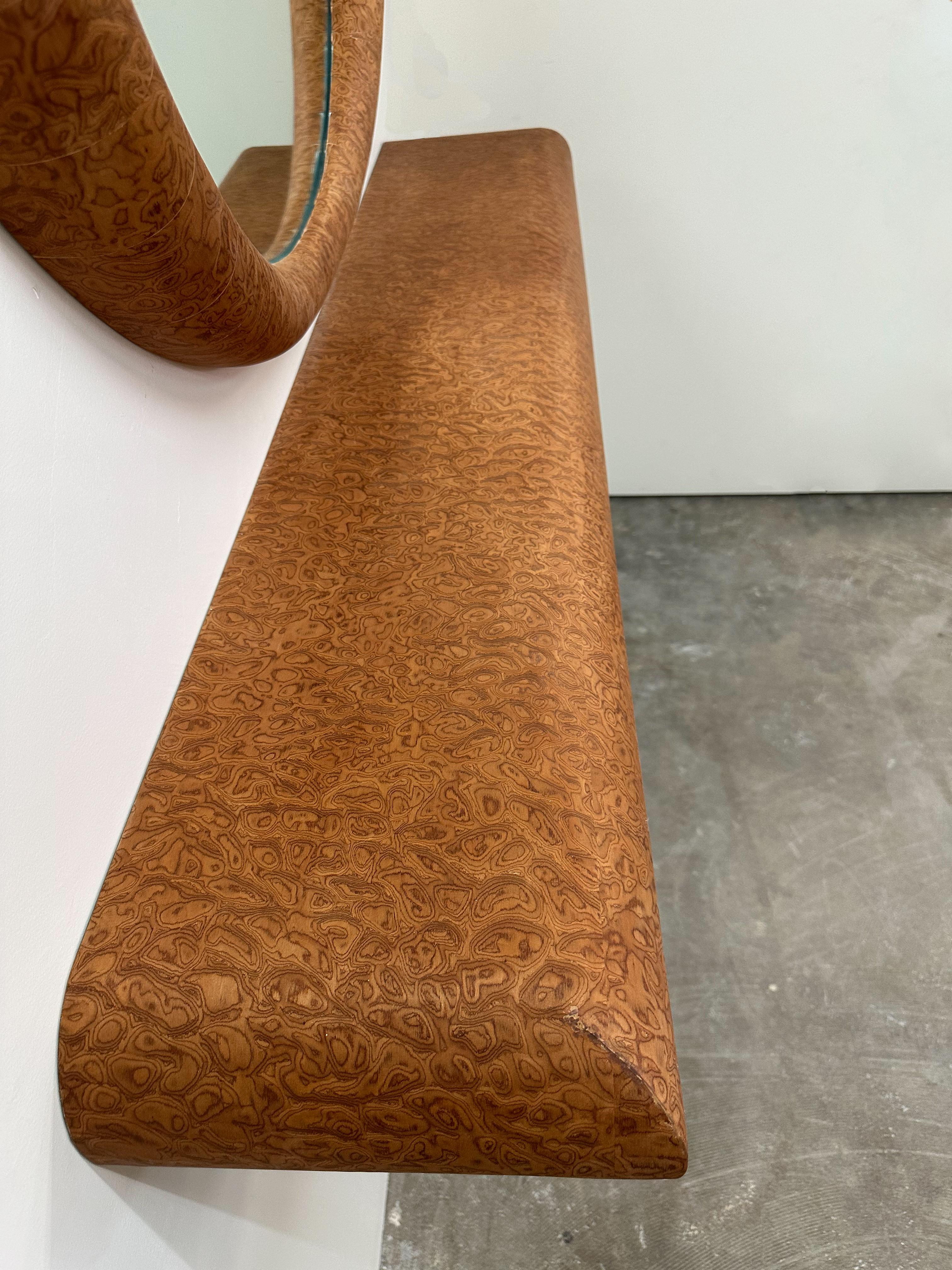 Late 20th Century Vintage 1980s Postmodern Burlwood Veneer Floating Console and Mirror For Sale