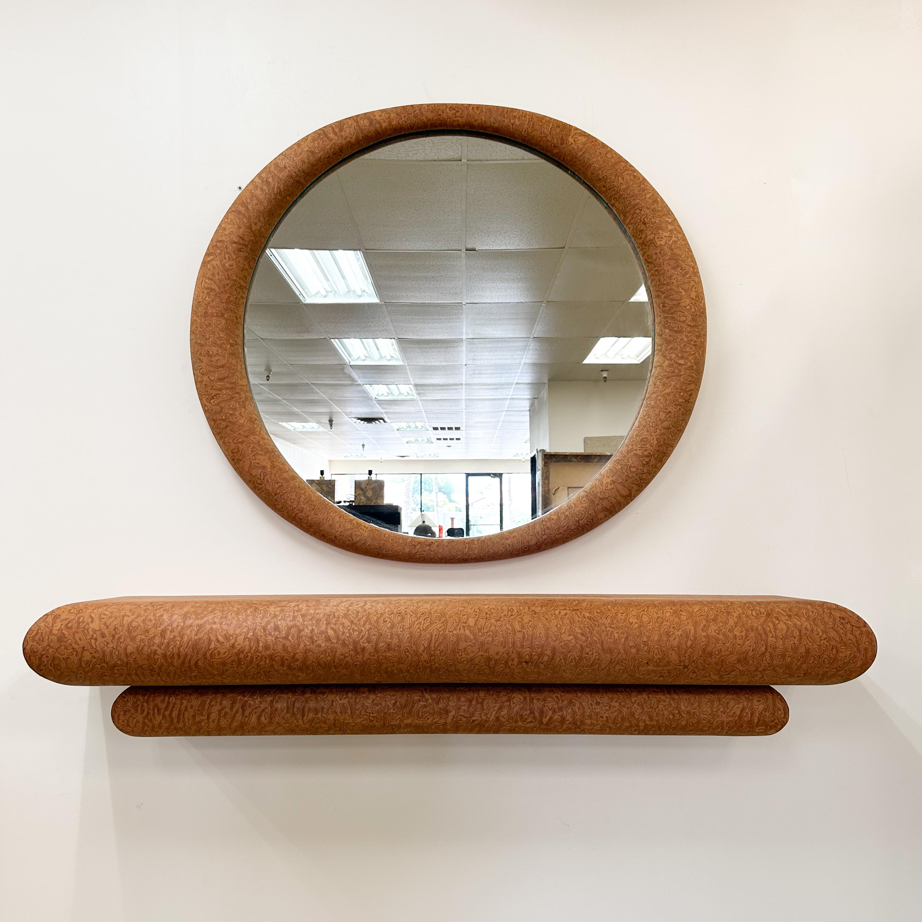 Wood Vintage 1980s Postmodern Burlwood Veneer Floating Console and Mirror For Sale