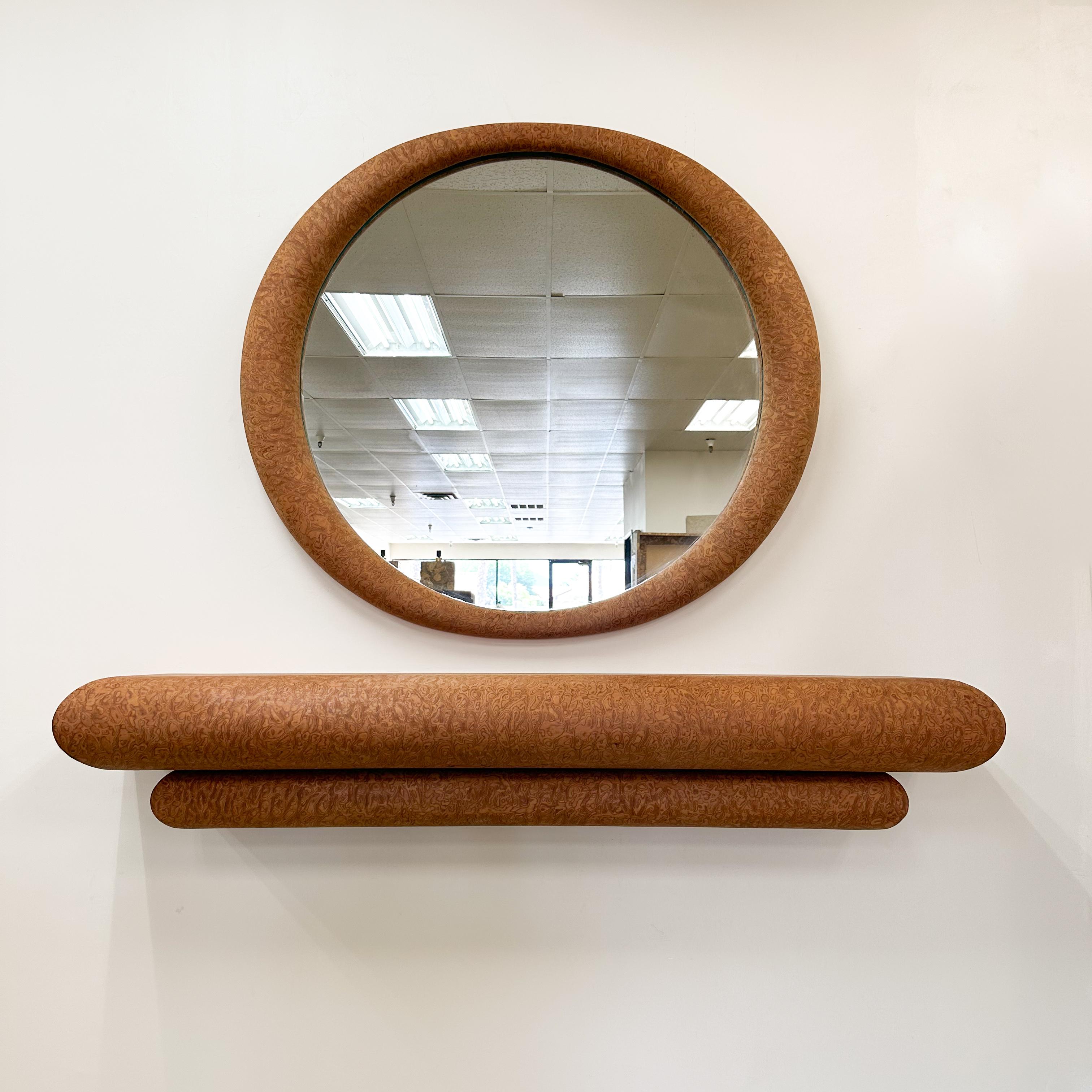 Vintage 1980s Postmodern Burlwood Veneer Floating Console and Mirror For Sale 1