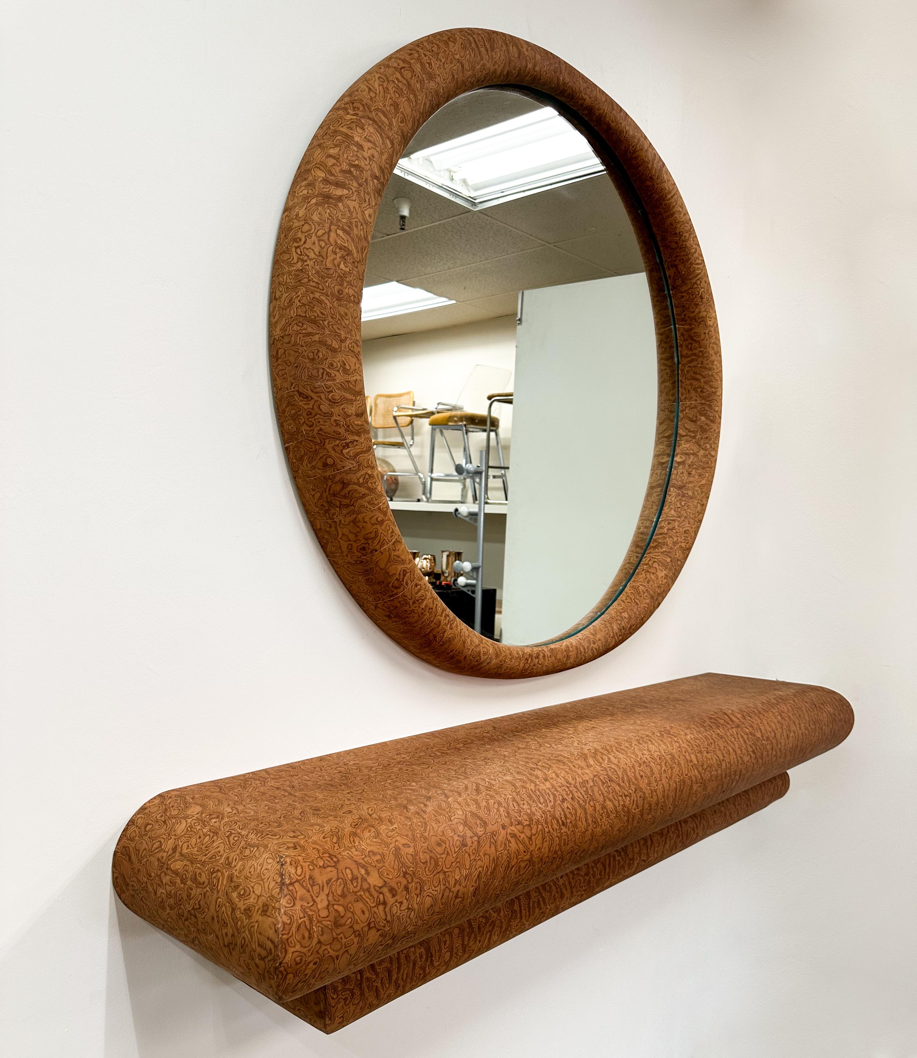 Vintage 1980s Postmodern Burlwood Veneer Floating Console and Mirror For Sale 2