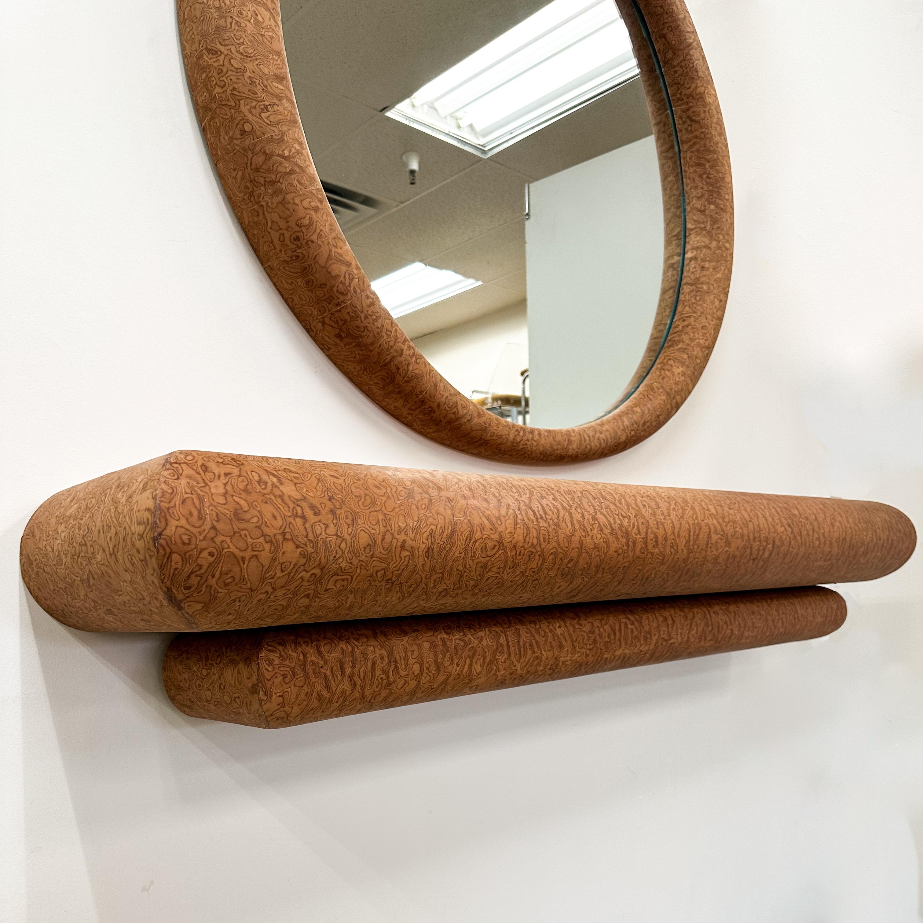 Vintage 1980s Postmodern Burlwood Veneer Floating Console and Mirror For Sale 3