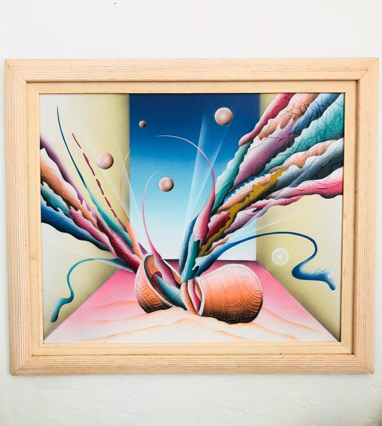 Vintage 1980s Postmodern Surrealist Painting In Good Condition For Sale In Vallejo, CA