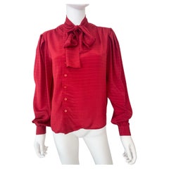 Vintage 1980s Red Silky Polyester Bow Blouse Top Size 10/12