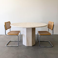 Vintage 1980s Round Travertine Dining Table with Hexagonal Pedestal Base