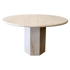 Vintage 1980s Round Travertine Dining Table with Hexagonal Pedestal Base