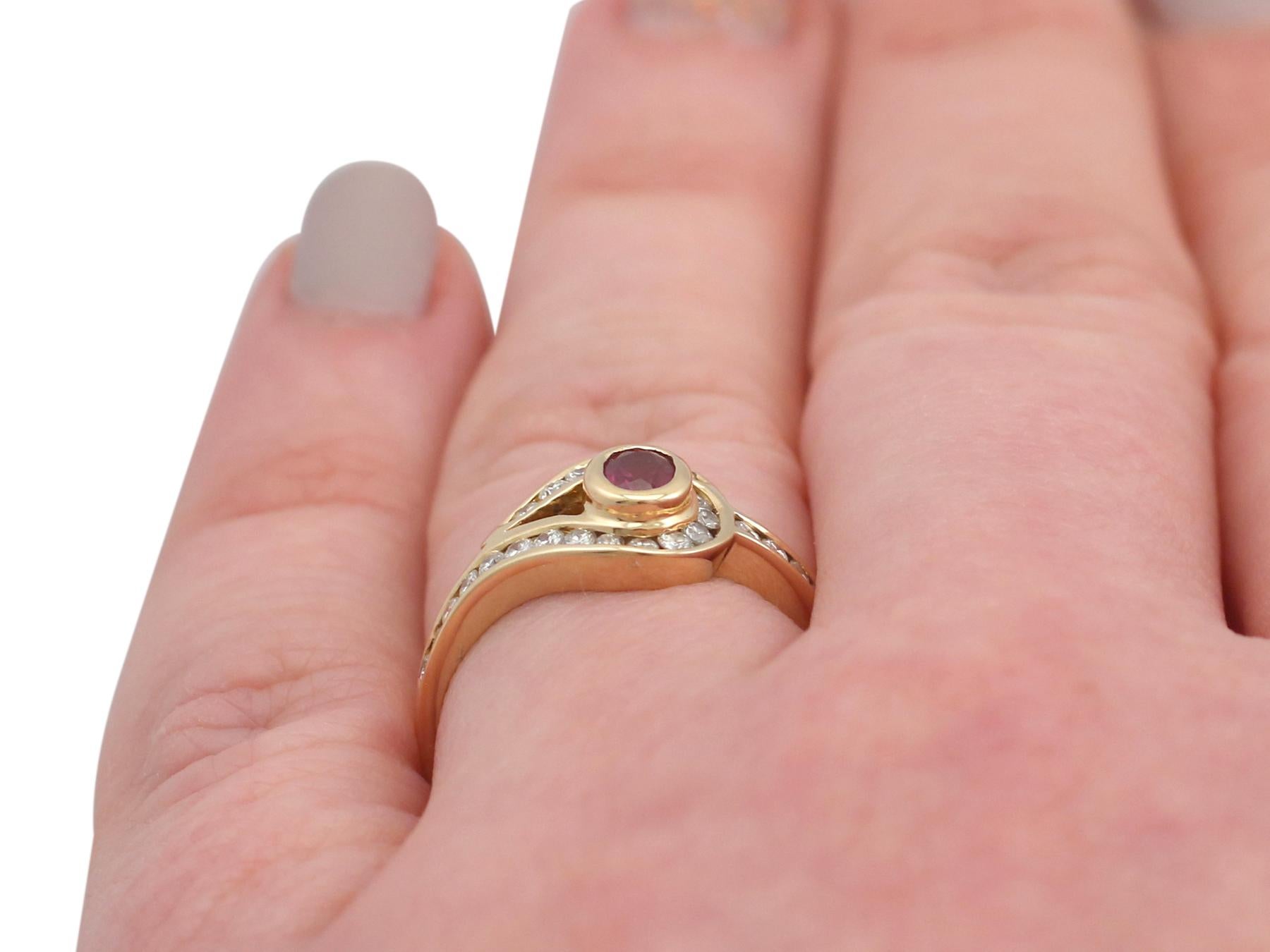 Women's Vintage 1980s Ruby and Diamond Yellow Gold Twist Ring For Sale