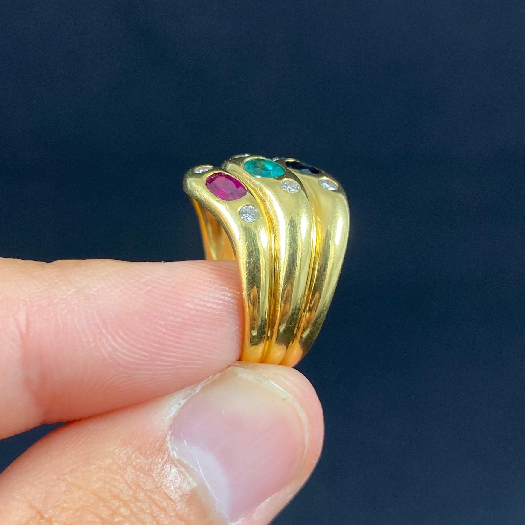 Women's Vintage 1980s Ruby Emerald Sapphire Diamond 19.2 Karat Yellow Gold Stacked Ring